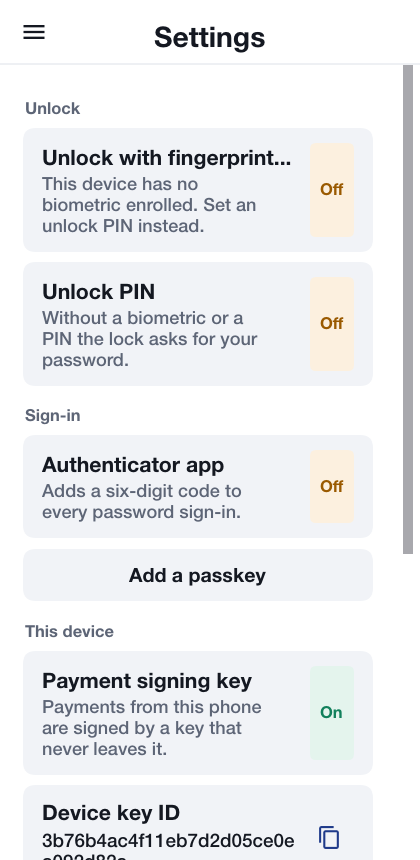 The settings screen with the unlock options, the authenticator app, passkeys, this device’s payment key and the languages