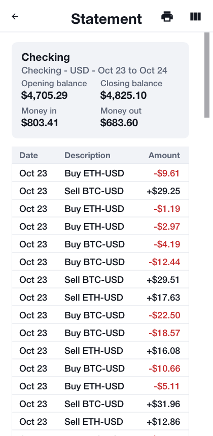 A statement table with date, description, money in, money out and balance columns between an opening and a closing balance