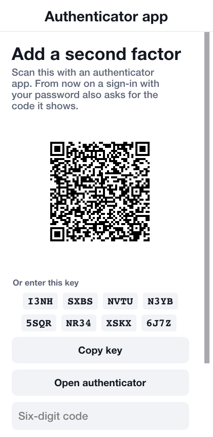 The second-factor step with a QR code, the secret as text, buttons to copy it or open an authenticator app, a field for the six-digit code and a Turn on button