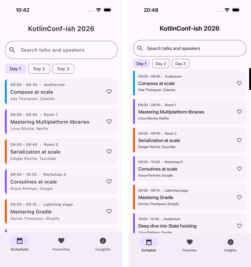 The Keynote schedule screen rendered by Compose Multiplatform (left) and by Codename One (right)