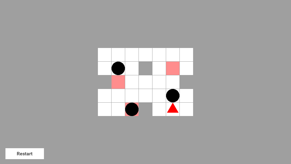 Sokoban running on the Codename One runtime, part way through the level: the triangular hero, three balls and three target tiles
